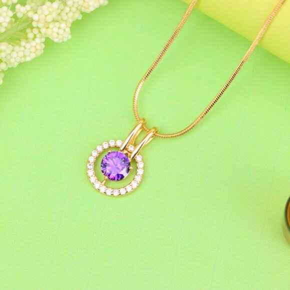 "Radiant Purple Halo Pendant in Gold Plated Brass with Crystal Ring, XPPT1711 - Picture 4 of 13